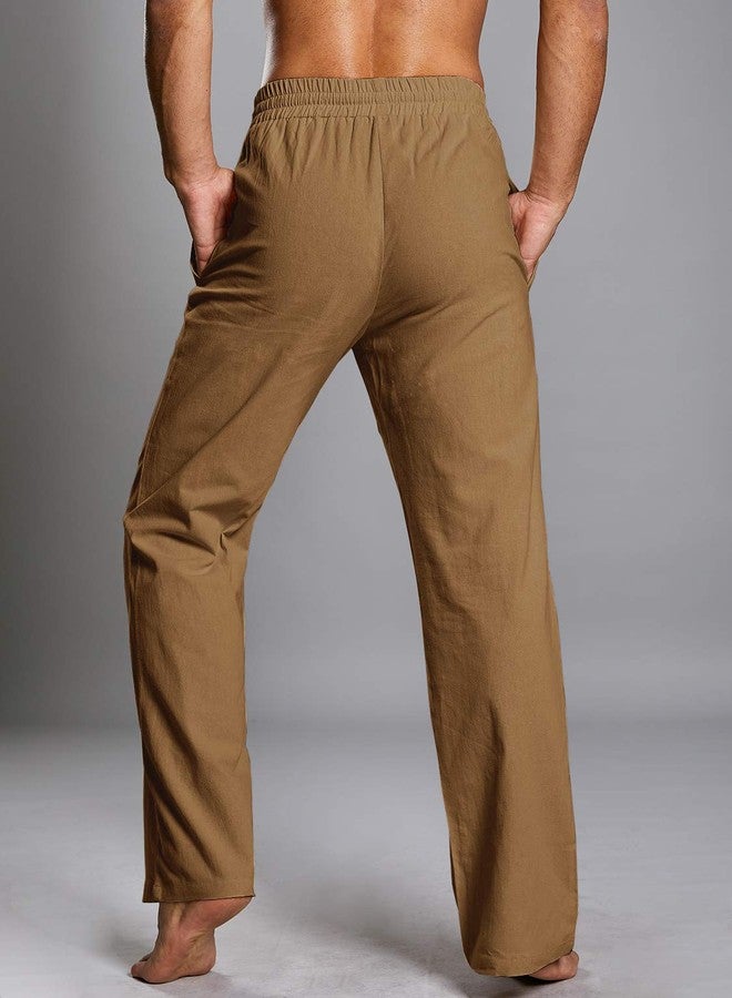 PASLTER Mens Casual Linen Pants Loose Fit Straight-Legs Elastic Drawstring Waist Summer Beach Yoga Long Pants B-Brown - Image 5